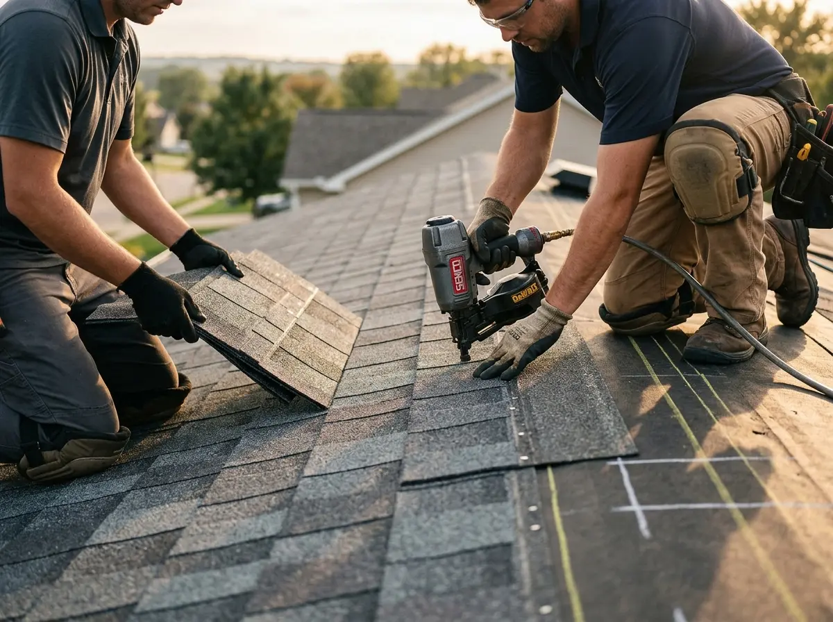 Professional roofer working on a residential roof in Sarasota Springs